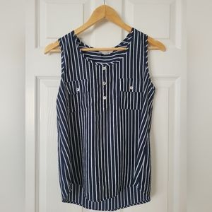 White and Navy Stripe Sleeveless Blouse (Size: Small)